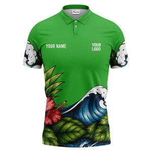 watercolor ocean wave palm leaf hibiscus floral navy blue polo shirt for men
