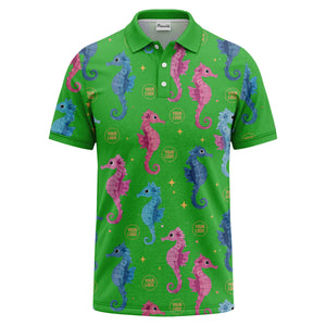 watercolor seahorse repeat marine life polo shirt in pink blue