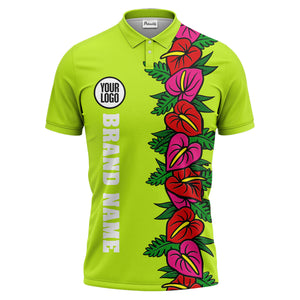 anthurium & emerald leaf stripe coral red polo shirt for men