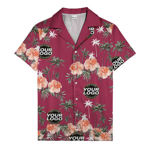 coral pink hibiscus & palm trees on black hawaiian shirt for men