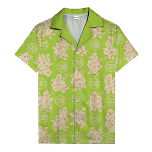 cream floral bouquets & gold circular logos watercolor hawaiian shirt