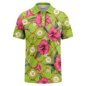 gold chain & pink hibiscus luxury illustrated polo shirt for men