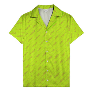 gold diagonal logo repeat pattern on black hawaiian shirt for men
