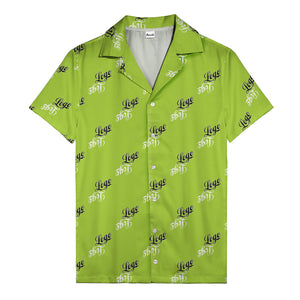 hand-drawn calligraphic script logo repeat black white hawaiian shirt for men
