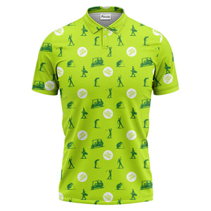illustrated golfers golf carts repeating on green polo shirt for weekend fairway fun