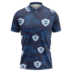island oasis palm trees & shield logos navy blue tropical polo shirt