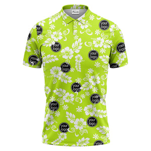 navy blue watercolor hibiscus & custom logo repeat pattern polo shirt
