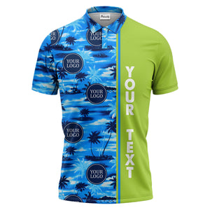 oceanic palm trees & circular logo repeat navy blue tropical beach polo shirt