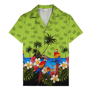 parrot paradise palm trees plumeria beach scene hawaiian shirt