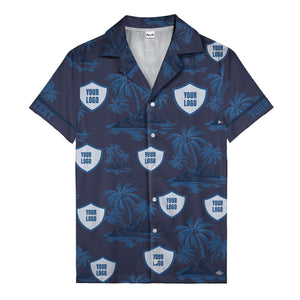 shield logo palm tree island scene navy blue hawaiian shirt for men