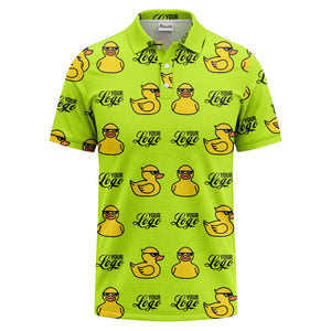 sunglasses rubber duck repeat pattern black yellow fun cartoon golf polo shirt