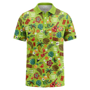 tiki masks palm trees ukuleles watercolor print polo shirt for men