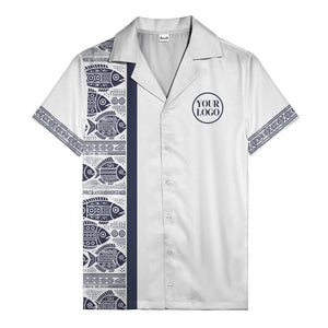 tribal fish & geometric border black white hawaiian shirt for men
