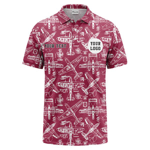 vintage airplane blueprint sketches propeller wings polo shirt for men