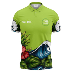 watercolor ocean wave palm leaf hibiscus floral navy blue polo shirt for men