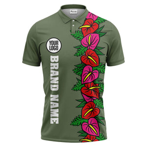 anthurium & emerald leaf stripe coral red polo shirt for men