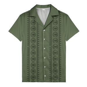 circular logo & fish symbols black hawaiian shirt for men