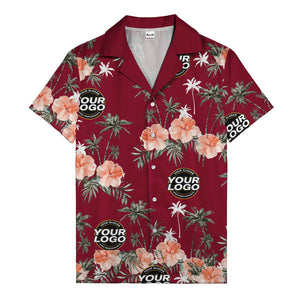 coral pink hibiscus & palm trees on black hawaiian shirt for men