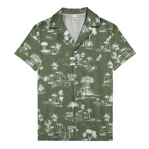 flamingo oasis black palm trees repeat pattern hawaiian shirt for men