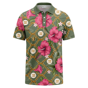 gold chain & pink hibiscus luxury illustrated polo shirt for men