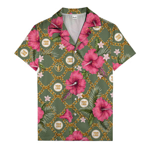gold chain & pink hibiscus watercolor hawaiian shirt for men