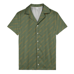 gold diagonal logo repeat pattern on black hawaiian shirt for men