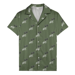hand-drawn calligraphic script logo repeat black white hawaiian shirt for men