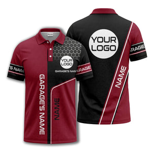 hexagonal grid garage name logo modern automotive polo shirt