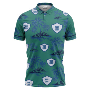 island oasis palm trees & shield logos navy blue tropical polo shirt