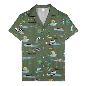 luxury yacht & heart-shaped island cartoon hawaiian shirt