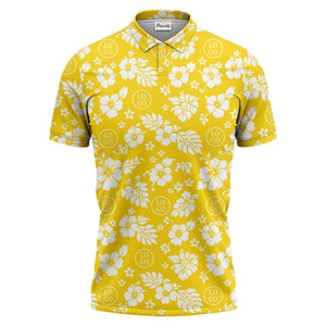 monochrome hawaiian hibiscus flowers & leaves repeat pattern polo shirt