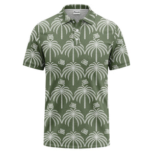 monochrome palm tree logo repeat hawaiian graphic polo shirt