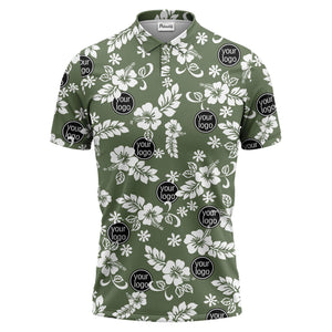 navy blue watercolor hibiscus & custom logo repeat pattern polo shirt