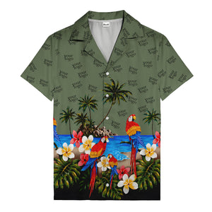 parrot paradise palm trees plumeria beach scene hawaiian shirt