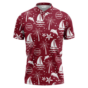 sailboats dolphins palm trees starfish repeat pattern black white polo shirt