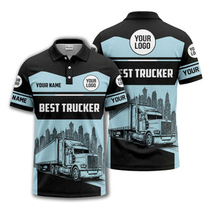 semi-truck cityscape graphic polo shirt for trucker pride