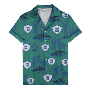 shield logo palm tree island scene navy blue hawaiian shirt for men