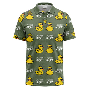 sunglasses rubber duck repeat pattern black yellow fun cartoon golf polo shirt