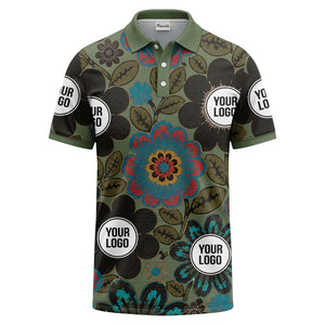 watercolor floral burst and olive leaves polo shirt for men