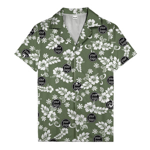 watercolor hibiscus blooms & custom logo navy blue hawaiian shirt