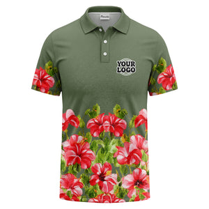 watercolor hibiscus & emerald leaf tropical polo shirt for men