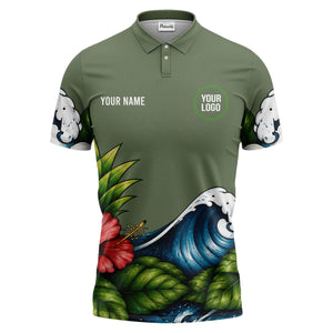 watercolor ocean wave palm leaf hibiscus floral navy blue polo shirt for men