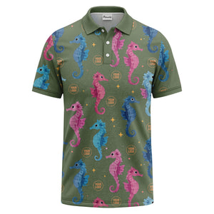 watercolor seahorse repeat marine life polo shirt in pink blue