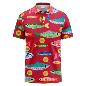 colorful cartoon fish & custom logo repeat all-over print polo shirt