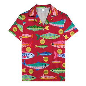 colorful cartoon fish & gold circle logo hawaiian shirt for men