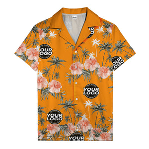 coral pink hibiscus & palm trees on black hawaiian shirt for men