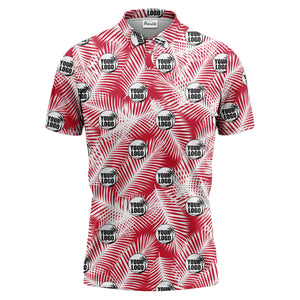 illustrated palm leaf logo repeating tropical polo shirt for men