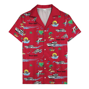 luxury yacht & heart-shaped island cartoon hawaiian shirt
