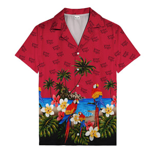 parrot paradise palm trees plumeria beach scene hawaiian shirt