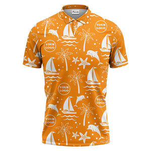 sailboats dolphins palm trees starfish repeat pattern black white polo shirt